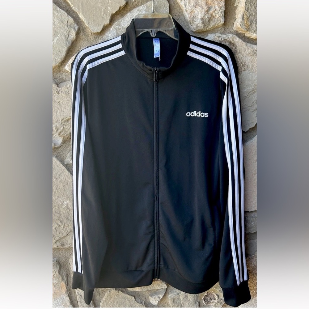 adidas 3 Stripe Jacket Size Large Black Knit Zip Front‎ Logo Excellent